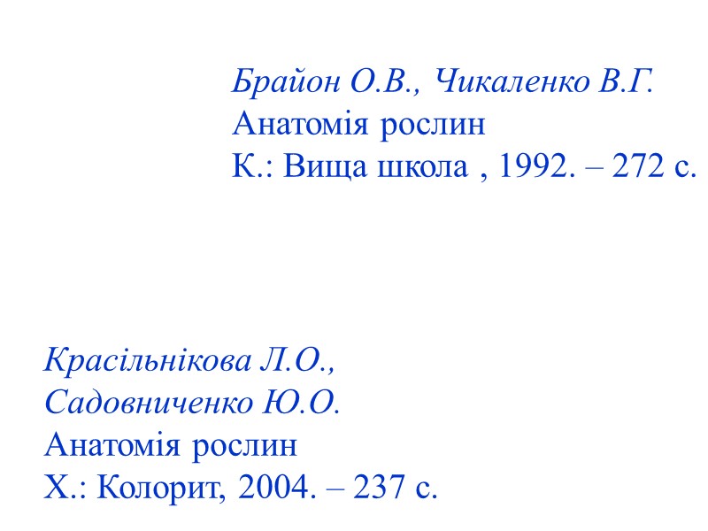 Брайон О.В., Чикаленко В.Г. Анатомія рослин К.: Вища школа , 1992. – 272 с.